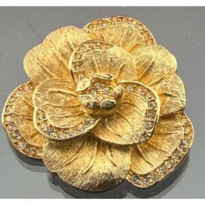 Vintage Christian Dior Gold Tone Rhinestone Flower Brooch Signed 1 1/2”